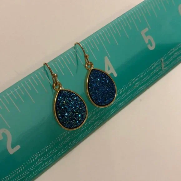 NEW! Sparkling Blue Faux Druzy Gemstone Gold Dangling Earrings - GIFT - Picture 2 of 5